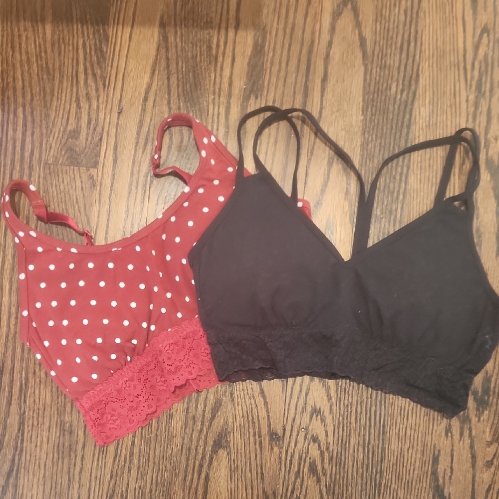 Maurices Red Polka Dot and Black Lace Bralette Duo